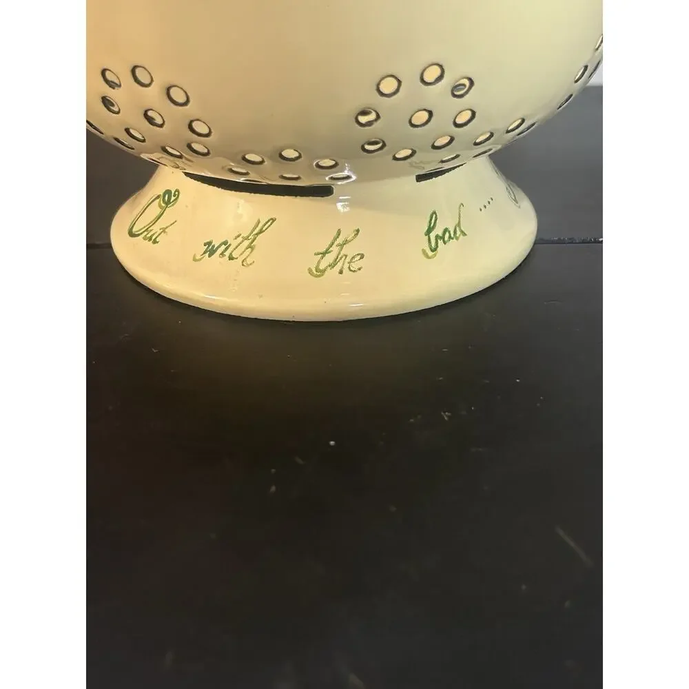 Vintage Enamelware Footed Colander Strainer Yellow Green Floral Farmhouse